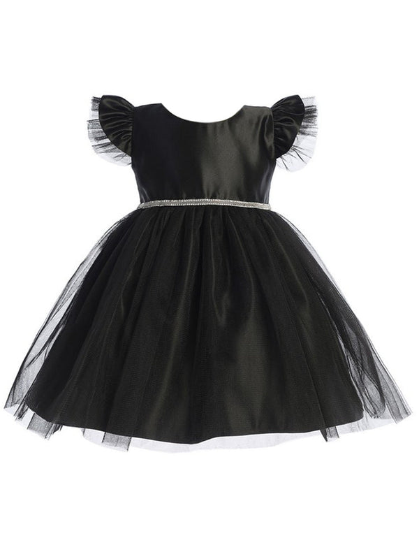 Baby Girls Black Satin Tulle Flutter Sleeve Flower Girl Dress 6-24 Months - SophiasStyle.com